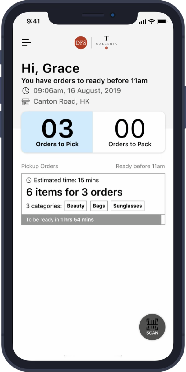 DFS pick-pack app — order dashboard