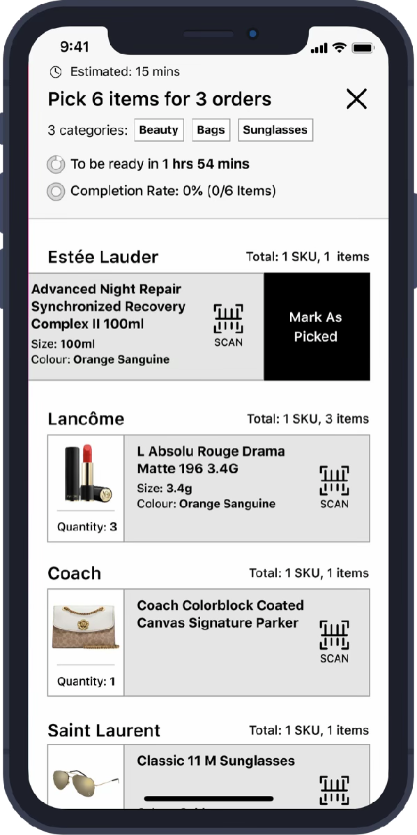 DFS pick-pack app — pick list by brand