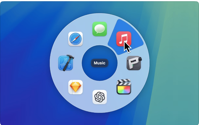Pieoneer launcher app interface showing pie menu with app icons